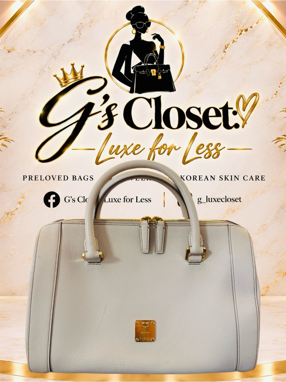 MCM Cream Structured Leather Satchel with Gold Hardware